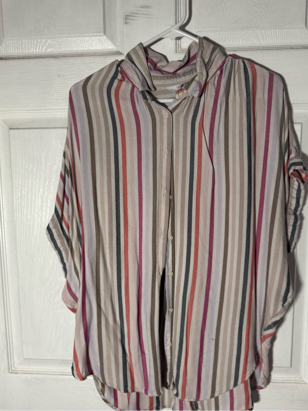 Time and Tru Striped Button-Down Shirt in Beige, Pink & Gray